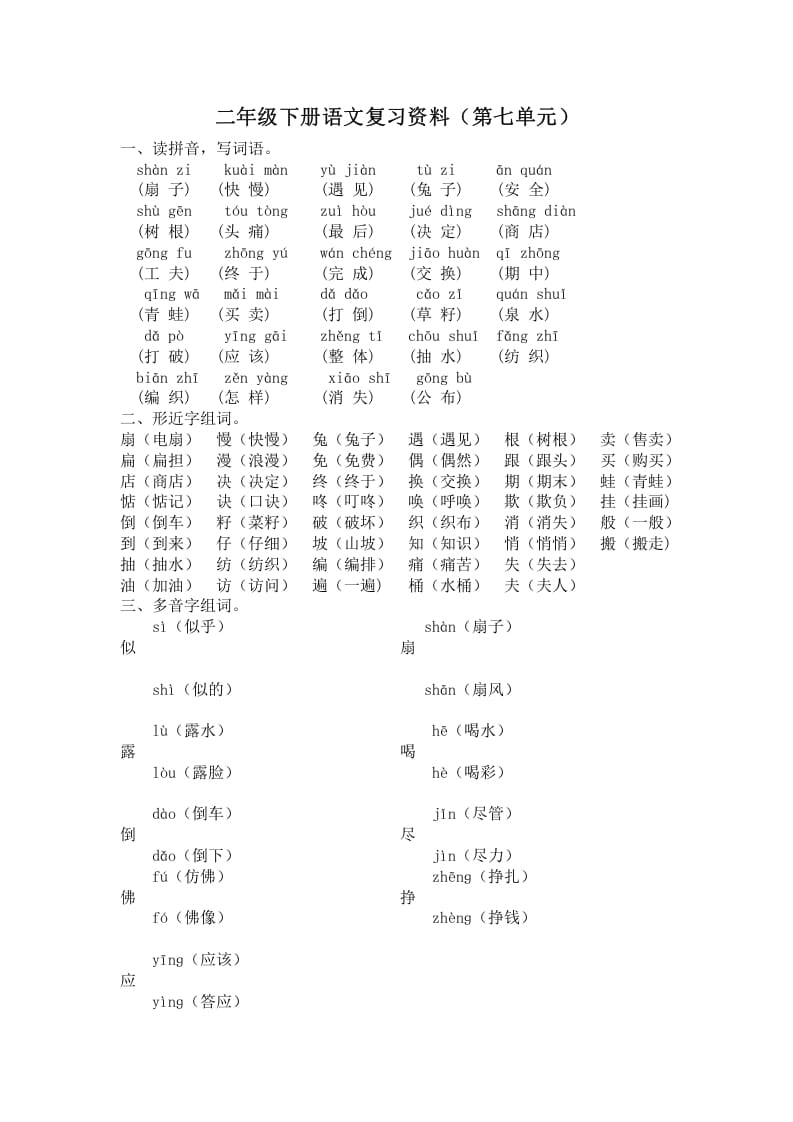 二年级语文下册第七单元复习资料-学霸吧