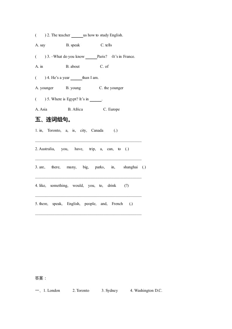 图片[2]-六年级英语上册Unit2AroundtheWorldLesson1同步练习3（人教版一起点）-学霸吧