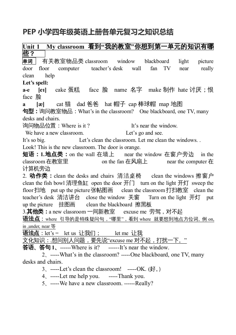 四年级英语上册期末知识点（人教PEP）-学霸吧