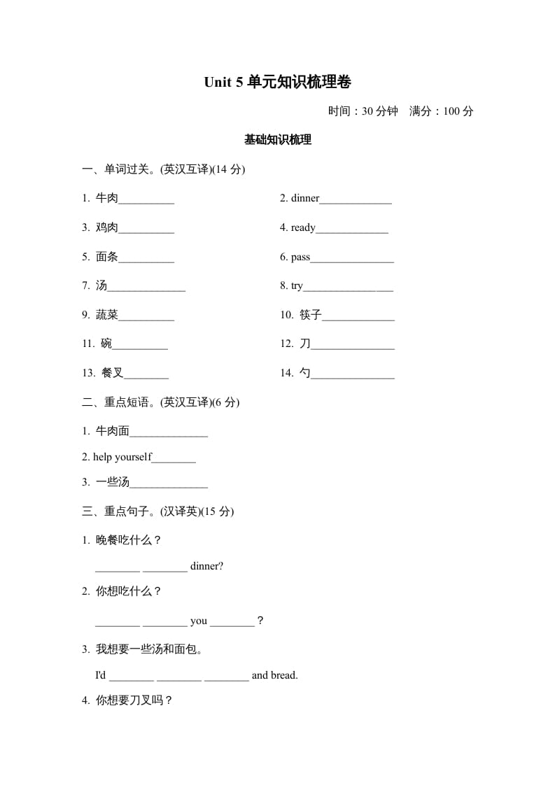 四年级英语上册Unit5单元知识梳理卷（人教PEP）-学霸吧
