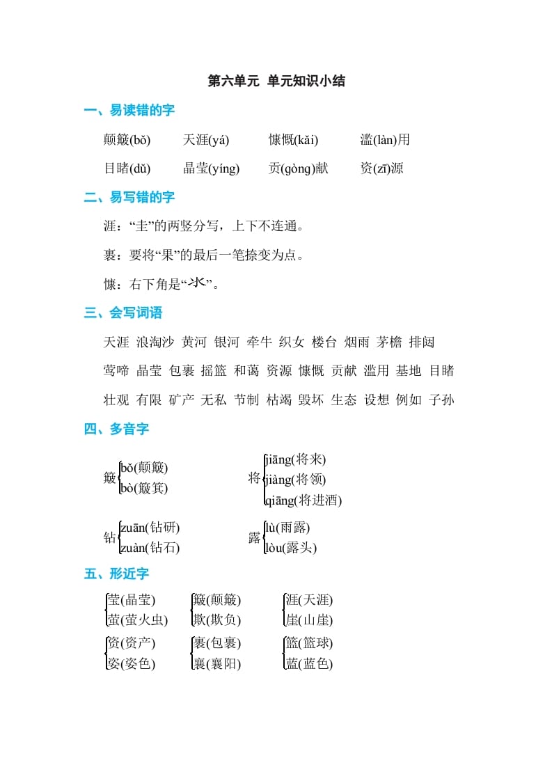 六年级语文上册第六单元单元知识小结（部编版）-学霸吧