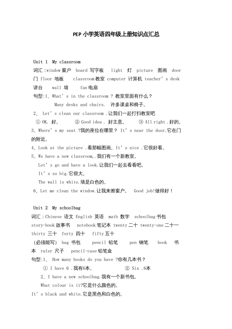 四年级英语上册人教小学三起点pep版4上知识点汇总（人教PEP）-学霸吧
