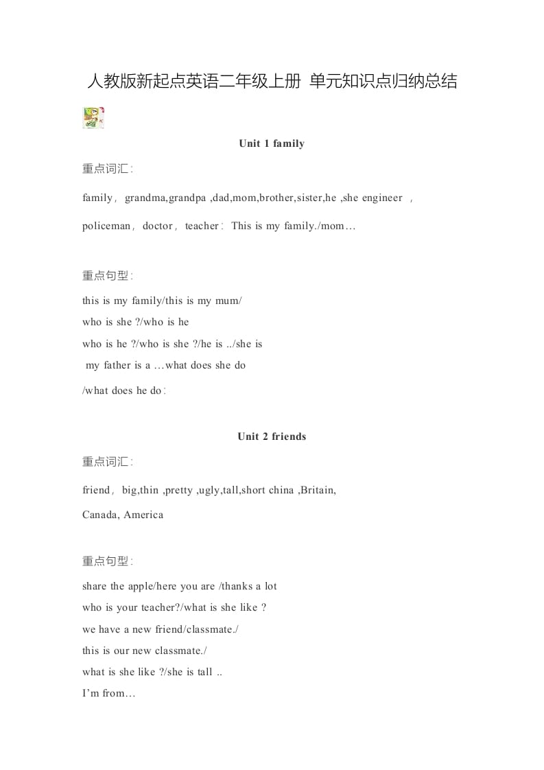二年级英语上册单元知识点归纳总结（人教版一起点）-学霸吧