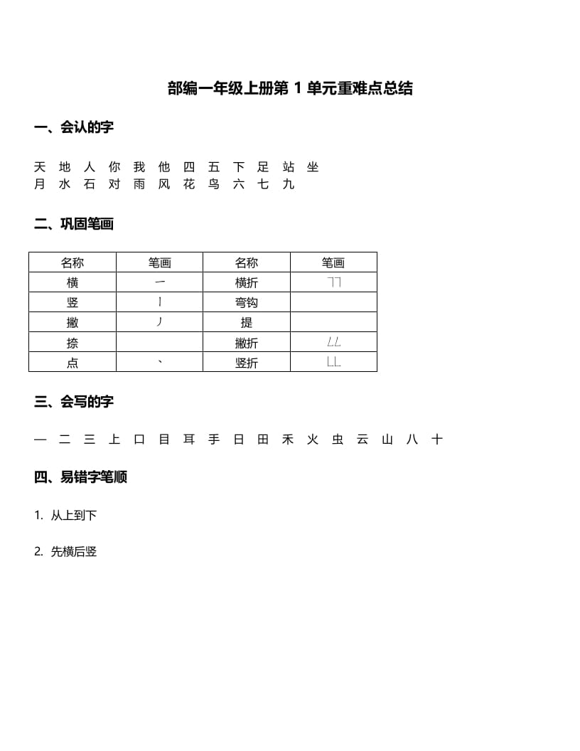 一年级语文上册-第1单元重难点知识总结（部编版）-学霸吧