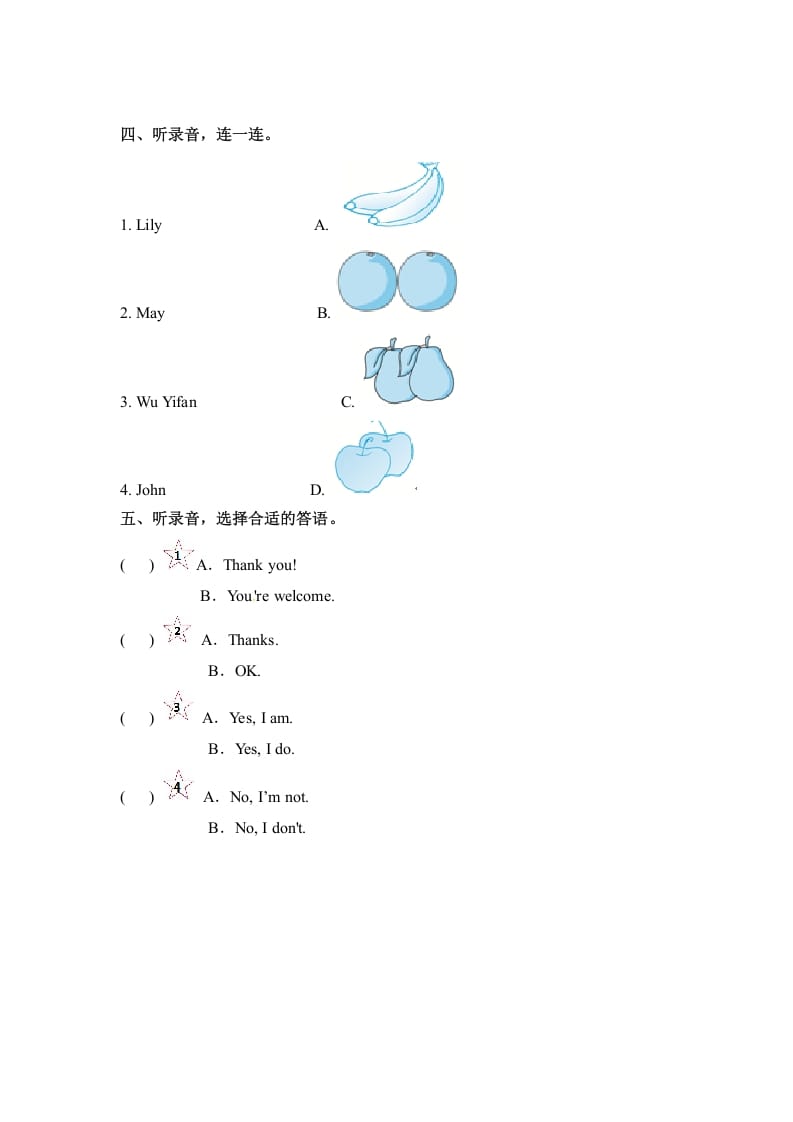 图片[2]-三年级英语下册Unit5DoyoulikepearsPartA同步听力训练人教PEP版-学霸吧