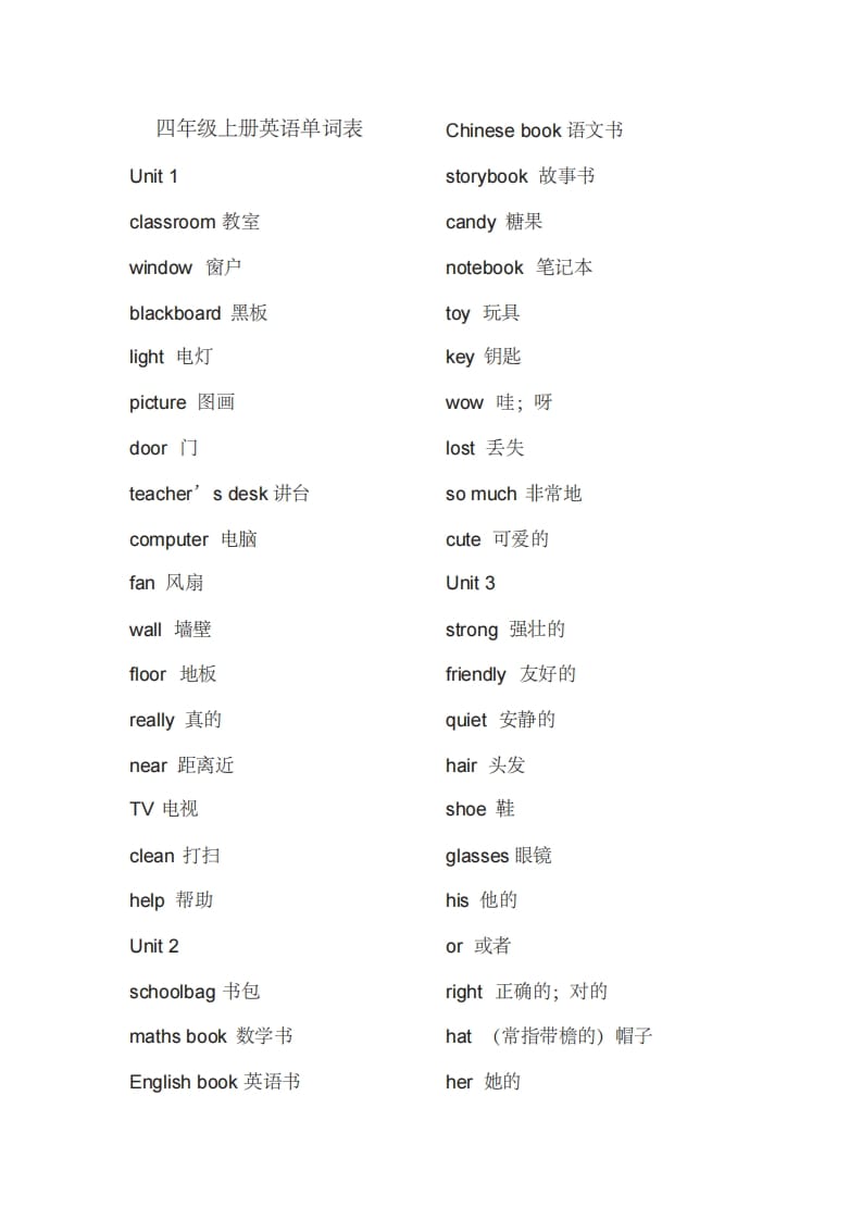 四年级英语上册单词表（人教PEP）-学霸吧