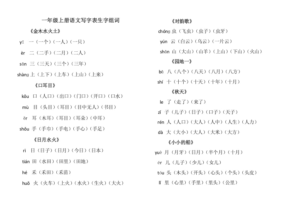 一年级语文上册上写字表生字组词（部编版）-学霸吧