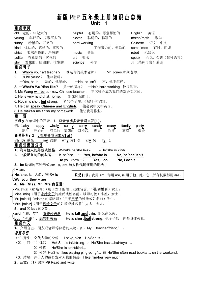五年级英语上册PEP五年级英语知识点总结（人教版PEP）-学霸吧