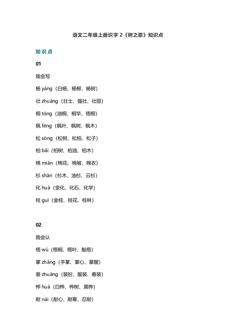 二年级语文上册5识字2《树之歌》知识点（部编）-学霸吧