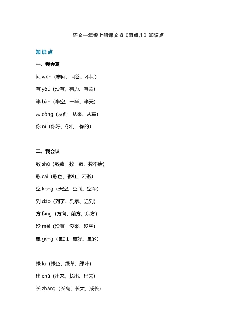一年级语文上册31课文8《雨点儿》知识点（部编版）-学霸吧