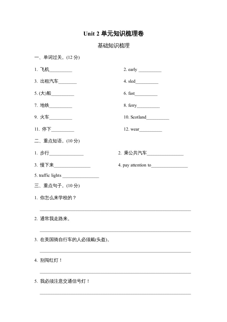 六年级英语上册Unit2单元知识梳理卷（人教版PEP）-学霸吧