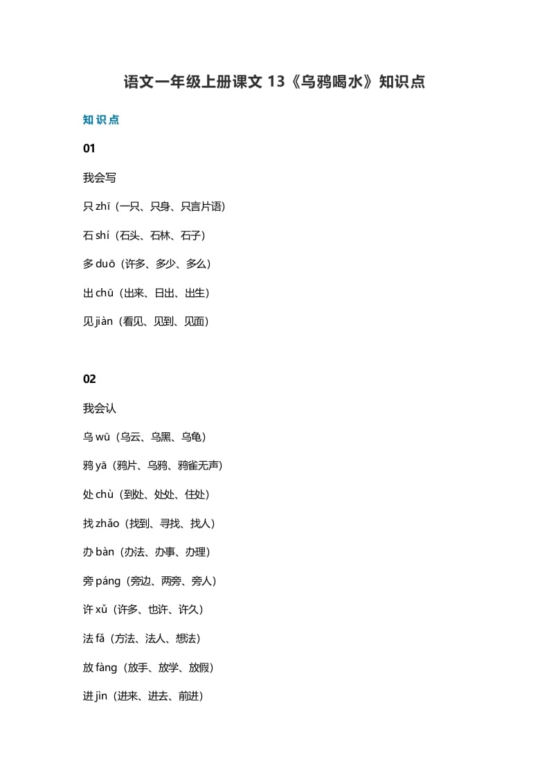 一年级语文上册36课文13《乌鸦喝水》知识点（部编版）-学霸吧