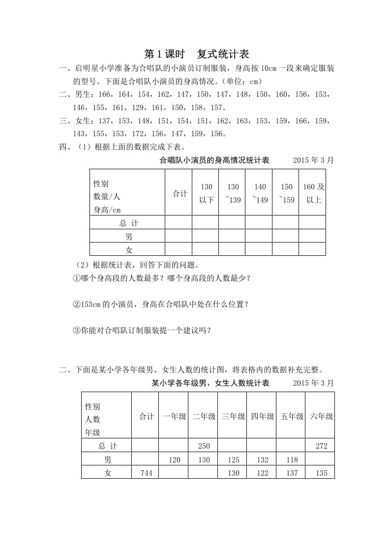 五年级数学上册第1课时复式统计表（苏教版）-学霸吧
