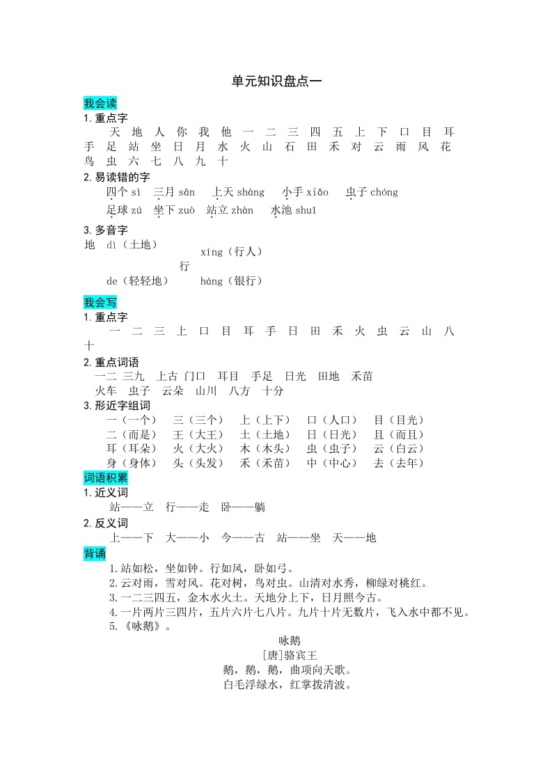 一年级语文上册第单元知识盘点（部编版）-学霸吧