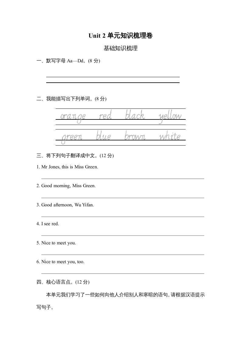 三年级英语上册Unit2单元知识梳理卷（人教PEP）-学霸吧