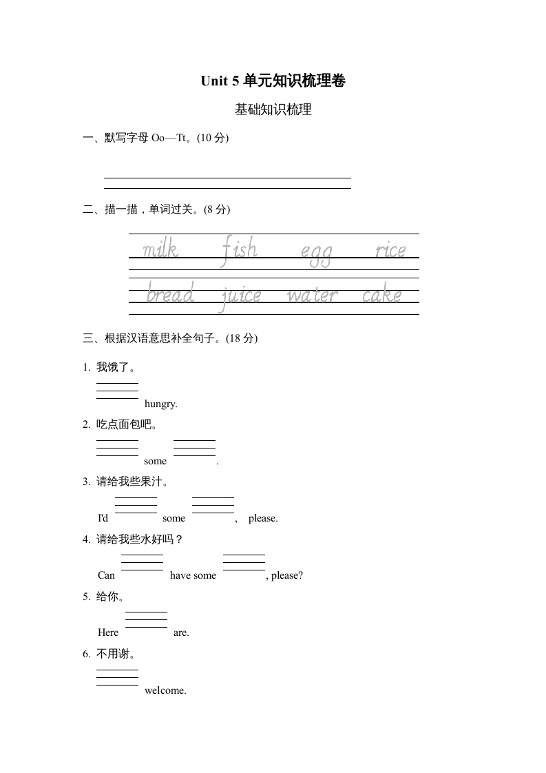 三年级英语上册Unit5单元知识梳理卷（人教PEP）-学霸吧