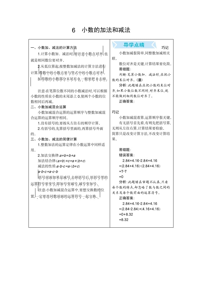 四年级数学下册6.小数的加法和减法-学霸吧