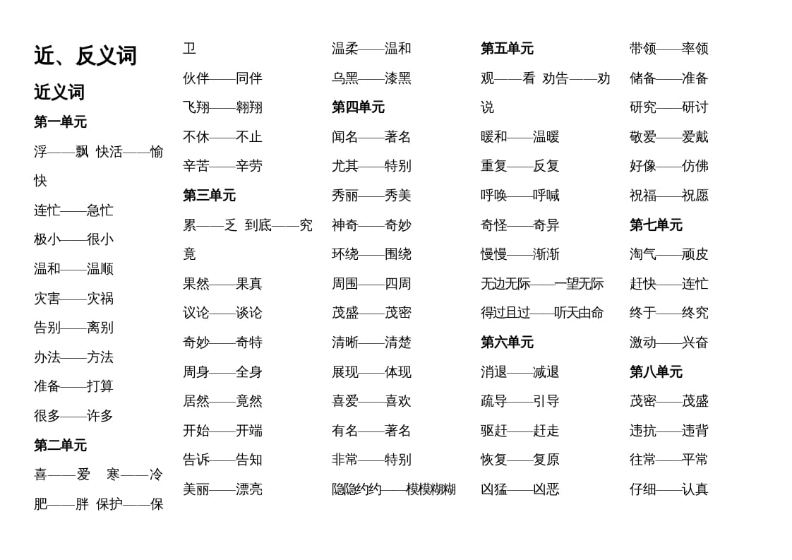 二年级语文上册近反义词汇总（部编）-学霸吧