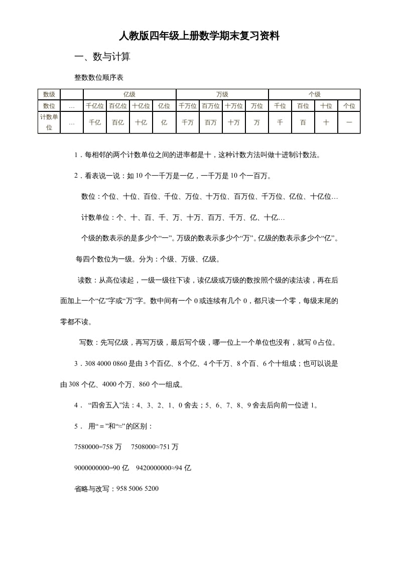 四年级数学上册人教版期末复习资料7页（人教版）-学霸吧
