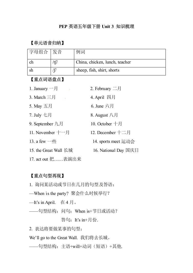 五年级数学下册英语单元知识梳理-Unit3Myschoolcalendar人教PEP-学霸吧