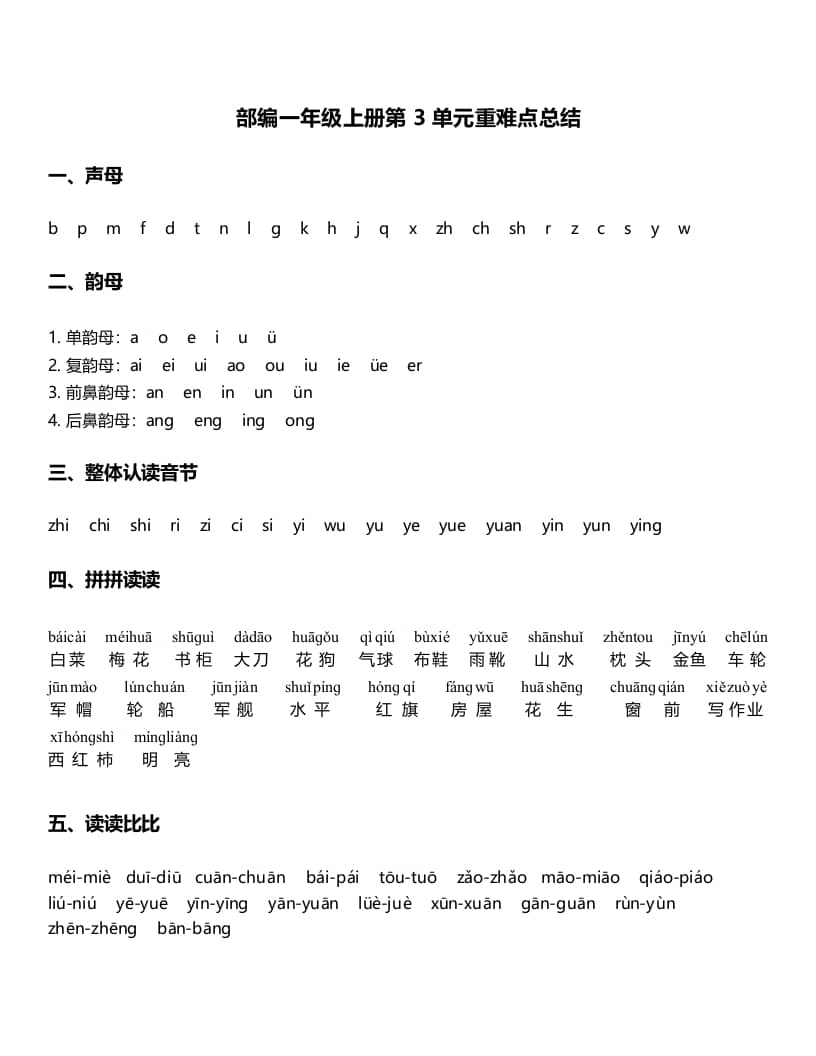 一年级语文上册-第3单元重难点知识总结（部编版）-学霸吧